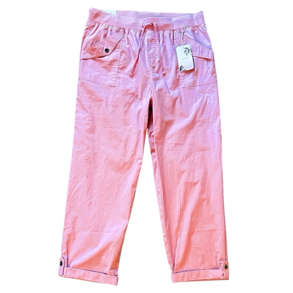 PALM RIO rose pink elastic drawstring waist stretch pull on crop pants sz L NWT!